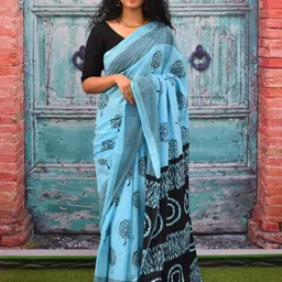 TROPWEAR Floral Pure Cotton Block Print Saree-image-63