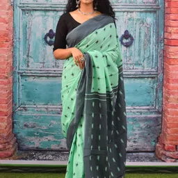 TROPWEAR Ethnic Motifs Block Printed Mulmul Cotton Ikat Saree-picture-16