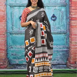 TROPWEAR Ethnic Motifs Pure Cotton Block Print Saree-image-69