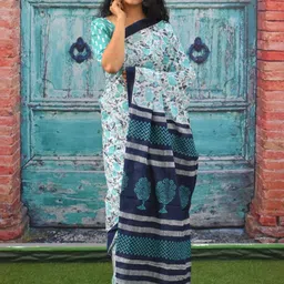 TROPWEAR Floral Printed Pure Cotton Block Print Saree-image-36
