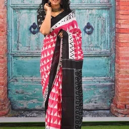 TROPWEAR Ethnic Motifs Block Printed Mulmul Cotton Ikat Saree-picture-10