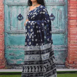 TROPWEAR Ethnic Motifs Block Printed Mulmul Cotton Ikat Saree image 4