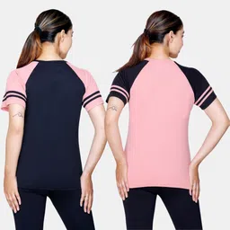 white moon Pack of 2 Women Graphic Print Round Neck Polyester Black, Pink T-Shirt image 2