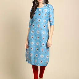 7threads KALINI Women Blue Geometric Crepe Kurta image 1