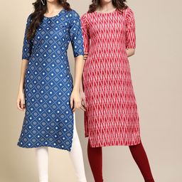 7threads KALINI Women Pack of 2 Blue & Red Printed  Straight Crepe Kurta-picture-19