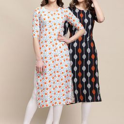 7threads KALINI Women Pack Of 2 White & Black Geometric Printed Summer Sheers Crepe Kurtas-picture-49