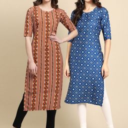7threads KALINI Women Pack of 2 Brown & Blue Ethnic Motifs Printed Crepe Kurta-picture-15