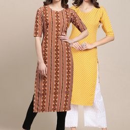 7threads KALINI Women Yellow & Orange Set Of 2 Ethnic Motifs Printed Crepe Kurta-picture-12