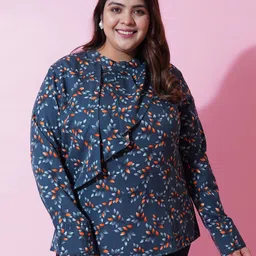 U&F Beyond Plus Size Floral Printed High Neck Cuffed Sleeve Ruffled Top-picture-30