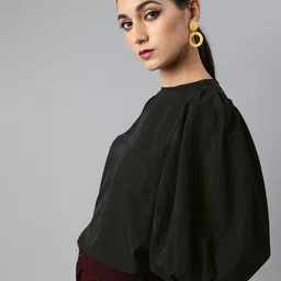 Sera Women Black Puff Sleeves Crepe Regular Top image 1