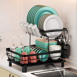 indriyas Dish Drainer Kitchen Rack 2 Tier Dish Rack with Glass Holder & Cutlery Stand Multipurpose Kitchen Rakcs Carbon Steel, Steel-picture-24