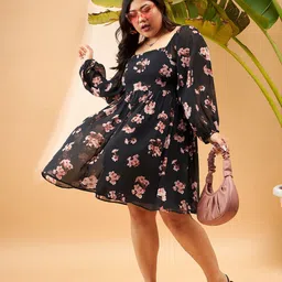 SASSAFRAS Curve Plus Size Black Floral Printed Puff Sleeves Smocked Fit & Flare Dress image 5