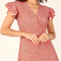 DressBerry Peach-Coloured & White Floral Printed Flared Sleeve A-Line Dress image 2