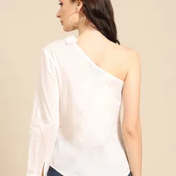 DODO & MOA White Solid Pure Cotton One Shoulder Top image 4