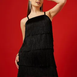 STREET 9 Black Fringed Shoulder Straps Satin Bodycon Dress-image-74