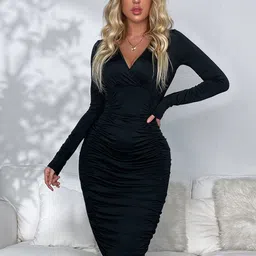LULU & SKY V-Neck Long Sleeves Gathered Ruched Bodycon Dress-picture-33
