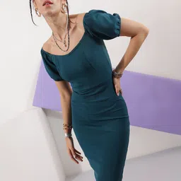 Veni Vidi Vici Women Boat Neck Puff Sleeve Bodycon Dress-image-29