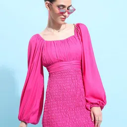 Tokyo Talkies Pink Square Neck Puff Sleeve Smocked Bodycon Dress-picture-34