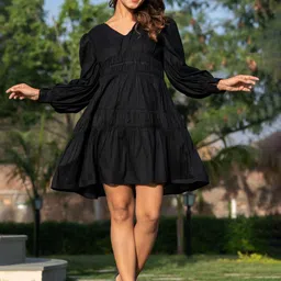 HOUSE OF JAMOTI Cuffed Sleeves Cotton Tiered Fit & Flare Dress-picture-13