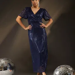 BAESD V-Neck Flared Sleeves Embellished Sequins Detail Net Maxi Dress-picture-36