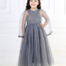 Toy Balloon kids Girls Slit Sleeves Embellished Net Maxi Fit & Flare Dress-image-92