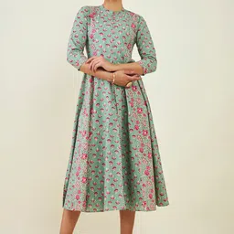 Soch Mandarin Collar Floral Printed Cotton Fit & Flare Midi Ethnic Dress-picture-23