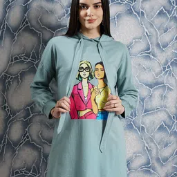 Athena Green Graphic Printed Hooded Long Sleeves T-shirt Dress image 1