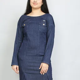 VYN Round Neck Cotton Denim A-Line Dress image 1