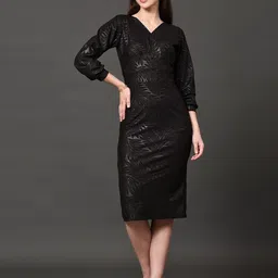 Ziva Fashion Self Design Puff Sleeve V-Neck Gathered Wrap Dress-picture-25