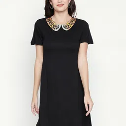 aaliya Black & Gold-Toned Peter Pan Collar Scuba A-Line Dress image 1
