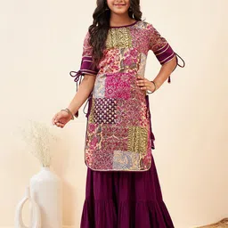 Stylo Bug Girls Floral Printed Round Neck A-Line Kurti & Sharara-picture-18
