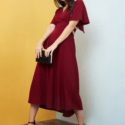 Globus Maroon Flared Sleeves Cut Out Fit & Flare Midi Dress image 1