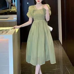 LULU & SKY Square Neck Puff Sleeves Smocked Detailed Fit & Flare Midi Dress-picture-37