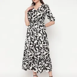 ROSEMELON Women Cotton Animal Printed Puff Sleeves Fit & Flare Midi Dress-picture-21