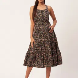 Moomaya Floral Printed Shoulder Straps Cotton Fit & Flare Midi Dress-picture-28