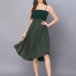 Vastralay Geometric Printed Smocked Detailed Shoulder Straps A-Line Dress-image-7