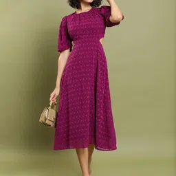 Tokyo Talkies Maroon Self Design Puff Sleeves Cut-Out Detailed Fit & Flare Midi Dress-image-74