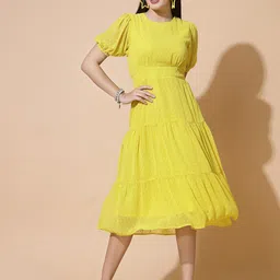 Strong And Brave Self design Puff Sleeve Tiered Georgette Empire Midi Dress-picture-11