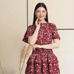 BAESD Floral Printed Flared Sleeves High Neck Fit & Flare Mini Dress-picture-44