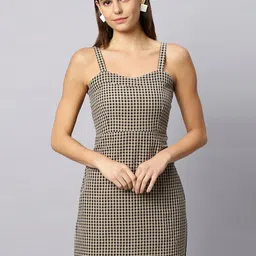 DressBerry Beige Shoulder Straps Cotton Checked Sheath Opaque Casual Mini Dress-image-70