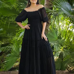 Masakali.Co Off-Shoulder Flutter Sleeve Georgette Maxi Midi Dress-picture-25
