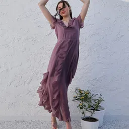 Athena Mauve V-Neck Flared Sleeve Ruffled Georgette Maxi Dress-image-5