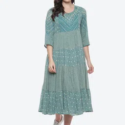 Biba Women Teal & Cream-Coloured Ethnic Motifs Ethnic A-Line Dress-picture-45