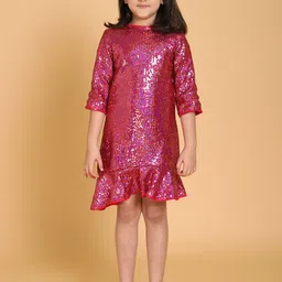 PICCOLO Pink Embellished Sequinned A-Line Cotton Dress-picture-40