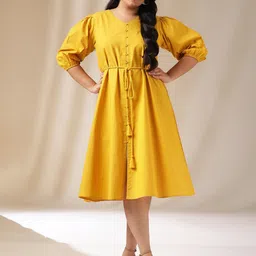 Janasya Plus Size V-Neck Puff Sleeve Tie-Ups Cotton Fit & Flare Dress-picture-22