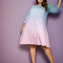Amydus Plus Size Turquoise Blue & Pink Ombre Printed A-Line Dress image 1