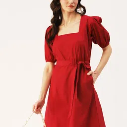 DressBerry Square Neck Cotton Puff Sleeves A-Line Dress-picture-12