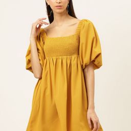 20Dresses Women Mustard Yellow Smocked Detail Solid A-Line Dress-picture-21
