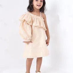 Jilmil Girls Striped One Shoulder Puff Sleeves Ruffled Cotton A-Line Dress-picture-26