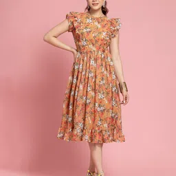 OCTICS Floral Printed Flutter Sleeves Georgette Fit and Flare Dress-picture-22